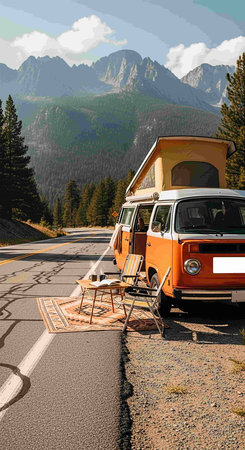 Camper van on the road in Yosemite National Park, California, USAの写真素材