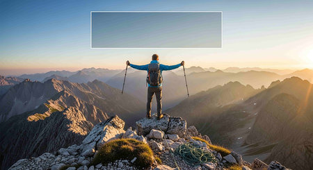 Hiker with trekking poles standing on top of a mountain.の写真素材