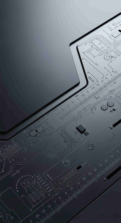 Digital illustration of a printed circuit board in grey colour with copy space