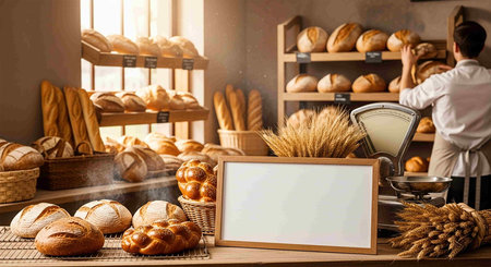 Baker in bakery shop with fresh bread and blank signboard.