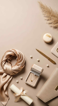 Flat lay composition with female accessories and cosmetics on beige backgroundの写真素材