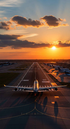 Aerial view of an airplane taking off from an airport at sunset