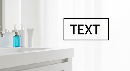 White bathroom interior with a mirror, a bottle of shampoo and a towelの写真素材