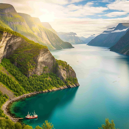 Tourism vacation and travel. Fantastic view on Geirangerfjord, Norway Scandinavia Europe.の写真素材
