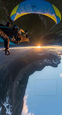 Paraglider flies over the mountains in the sunset. Paraglider in the sky.の写真素材