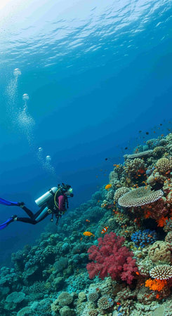 Scuba diving on a tropical coral reef in the Red Sea.の写真素材
