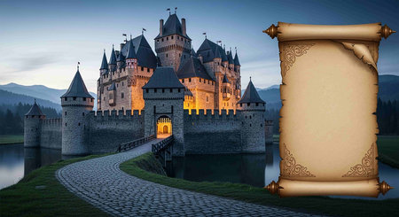 Medieval castle with scroll and castle gate, 3d render illustration