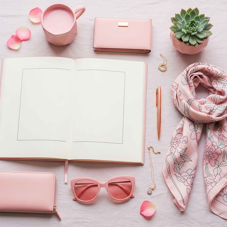 Flat lay of feminine accessories and notebook on white fabric background.