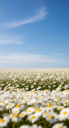 Field of daisies on a background of blue sky with cloudsの写真素材