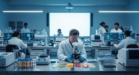 Scientist working with microscope in laboratory. Medical research and development concept.の写真素材