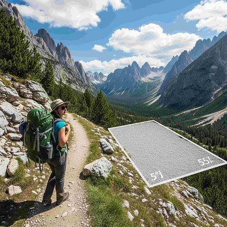 Hiking in the Dolomites, Italy. Hiking trail with a backpack.