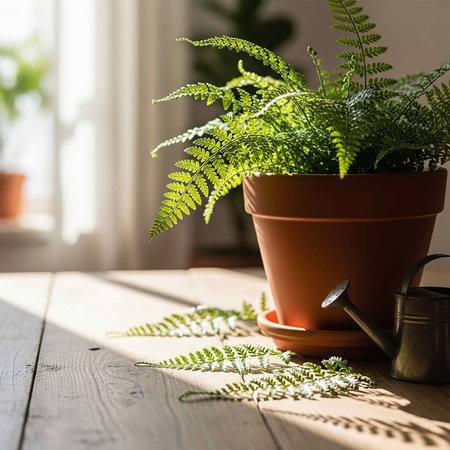 Green fern plant in a clay pot on a wooden table.の写真素材