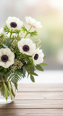 Bouquet of white anemones in a glass vaseの写真素材