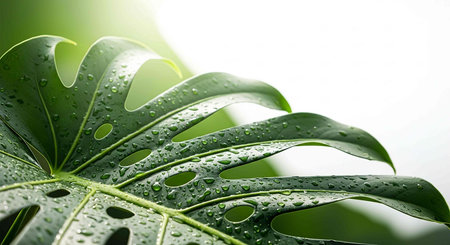 Close up of green leaf with dew drops. Natural background.