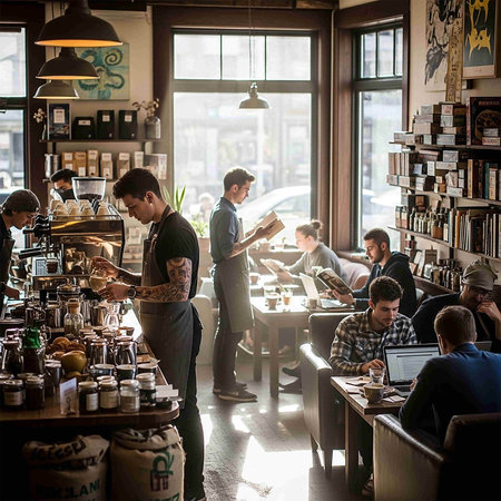 Group of people in a coffee shop looking at a coffee shop counterの写真素材