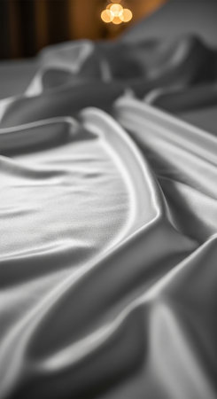 Closeup of white satin fabric on bed. Soft focus.の写真素材