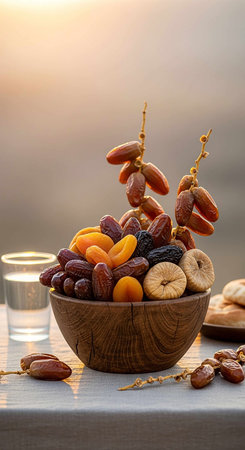 Dates fruits in a wooden bowl on a table with a glass of waterの写真素材