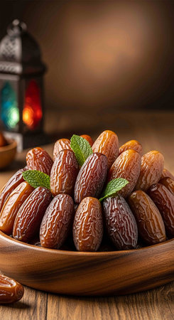 Dates in wooden bowl on wooden table. Selective focus.