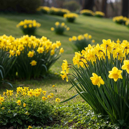 Daffodils in the spring garden. Beautiful yellow flowers.の写真素材