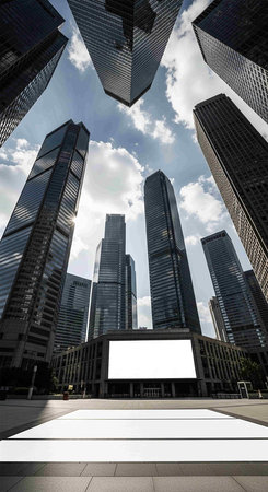 Blank billboard in front of modern skyscrapers in Shanghai, Chinaの写真素材