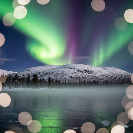 Aurora borealis, northern lights over lake in winter mountainsの写真素材
