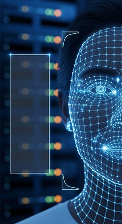 3d rendering cyborg face with binary code on blue server room background