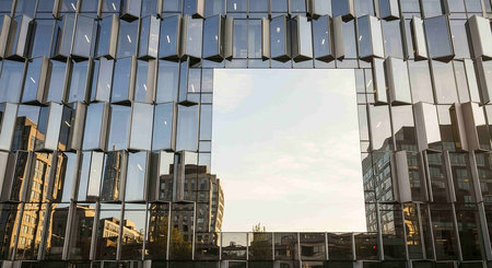 Reflection in windows of modern office building, Moscow, Russia.の写真素材