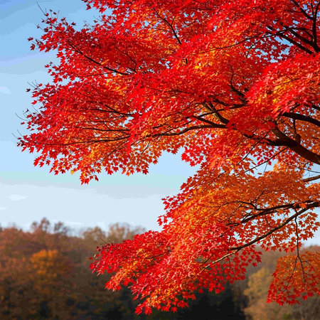 Maple tree in autumn season with blue sky background. Nature background.