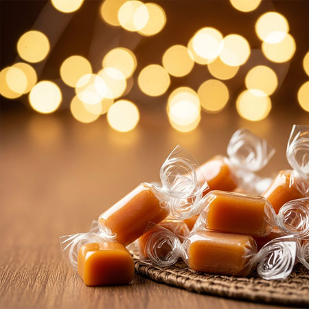 Caramel candies on wooden table with bokeh background.の写真素材