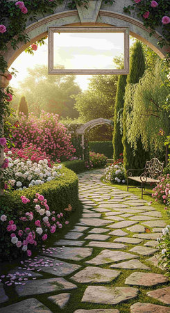 Beautiful garden with blooming flowers and stone walkway at sunsetの写真素材