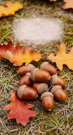 Acorns and autumn leaves on the ground. Autumn background with copy space.の写真素材