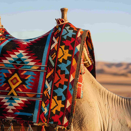 in the desert of morocco africa   camel and blanket for touristの写真素材