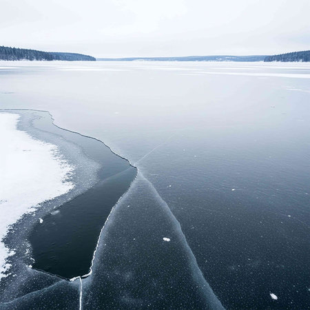 Frozen lake in the winter. Beautiful winter landscape with ice.の写真素材