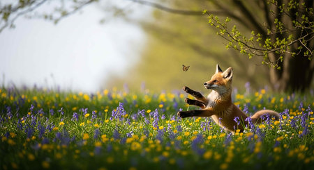 Red fox (Vulpes vulpes) jumping in spring flowersの写真素材