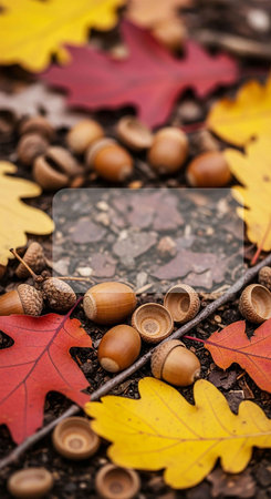 Autumn background with acorns, leaves and space for your textの写真素材