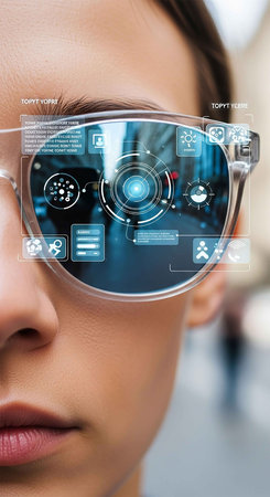 Close-up of female eye with futuristic glasses and digital interface. Future technology conceptの写真素材