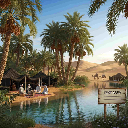 Egyptian camels in the desert and palm trees. 3d render
