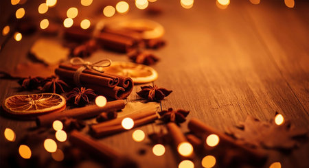 christmas decoration, cinnamon sticks, anise stars and dried orange on wooden backgroundの写真素材