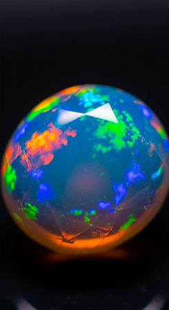 Colorful crystal ball on a black background. Macro photo. Selective focus.