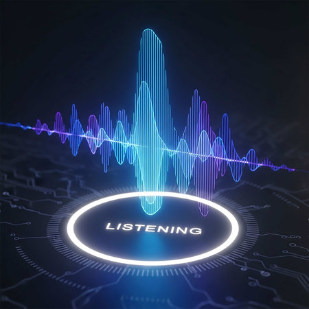 Illustration of a sound wave with a 'LISTENING' button on a dark background. 3d renderingの写真素材