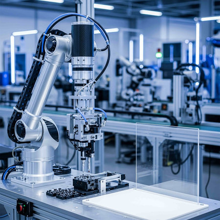 Robotic arm in production line. Automatic production line. Industrial background