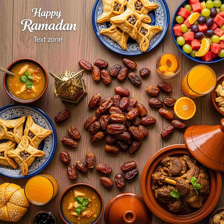 Dates, raisins, dates and sweets for Ramadan Kareem celebrationの写真素材
