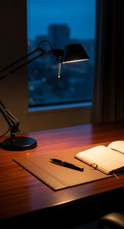 Desk lamp and notebook on the table with city view in the backgroundの写真素材
