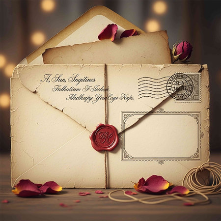 Old letter with wax seal and rose petals on a wooden backgroundの写真素材