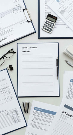 Top view of business workplace with documents, calculator and eyeglassesの写真素材