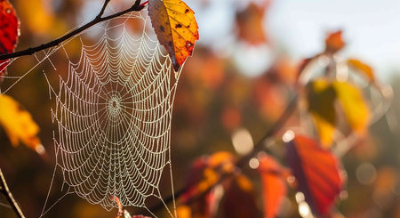 Spider web with autumn leaves on the background of the autumn forest.の写真素材