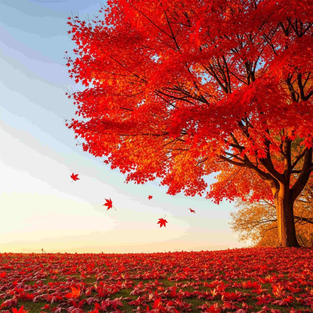 Autumn landscape with red maple trees and falling leaves. 3d render