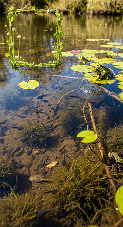 Water lily in a small pond in the forest. Selective focus.の写真素材