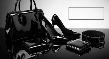 Black women's shoes and belt on a black background. 3d renderingの写真素材