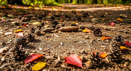 Pine cones and autumn leaves on the ground in the park.の写真素材